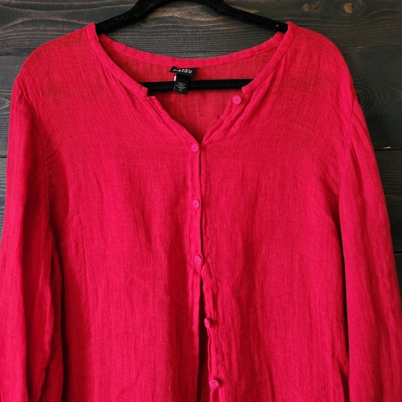 Eileen Fisher 100% Linen Top Red Womens XL Semi Sheer Minimalist Mandarin Button - Picture 2 of 12